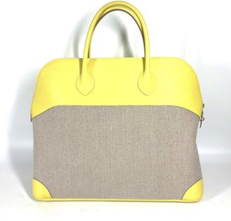 Herm&egrave;s Beige Yellow Swift Leather Toile H Boston Bag Shoulder Bag Tote Bag (Pre-Owned)