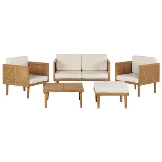 Beliani Conjunto De Jard&iacute;n 4 Plazas De Acacia Madera Clara Beige Claro Con Otomana Mesa Sillas Cojines Baratti