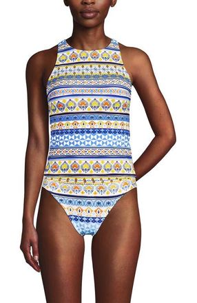 Lands End D-Cup Tugless High Neck Strappy Back Tankini Swimsuit Top in White Mosaic Multi Stripe at Nordstrom, Size 12