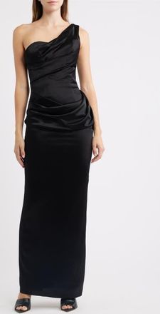 House of CB Caprice One-Shoulder Satin Gown in Black at Nordstrom, Size X-Small
