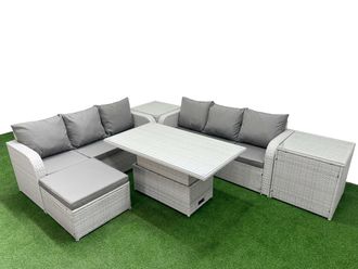 Fimous Outdoor Garden Furniture Sets 7 Seater Wicker Rattan Furniture Sofa Sets w/ Adjustable Lifting Dining or Coffee Table high Back Lounge Sofa