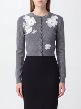 Self Portrait Slim Fit Wool and Cashmere Cardigan with Floral Appliqu&eacute;
