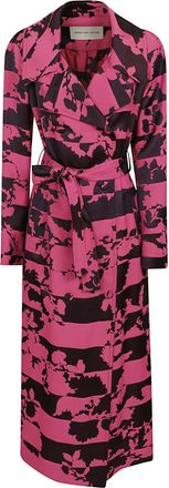 Dries Van Noten Abstract Floral Printed Midi Trench Coat with Belt