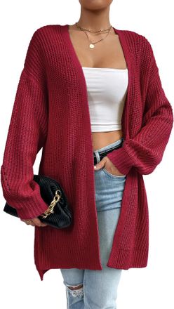Feoya Womens Long Cardigan Lightweight Outwear Casual V Neck Knitted Cardigans Ladies Open Front Cardigan Long Sleeve Jumper Sweaters for Women Red XL