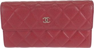 Chanel Red Color Grained Calfskin Long Wallet (Bi-Fold) (Pre-Owned)