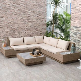 OUTSUNNY 4Pcs Rattan Sofa Set Garden Furniture Set with Armrest Cushions Beige
