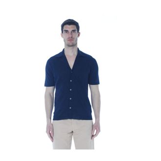 Irish Crone Short Sleeve Shirts, male, Blue, Size: XL Camicia polo con bottoni a maniche corte in lino e cotone