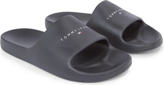 Tommy Jeans TJW PRINTED PU POOL SLIDE, Plateau, Sommerschuh, Schlappen mit Logoschriftzug, in schmaler Form