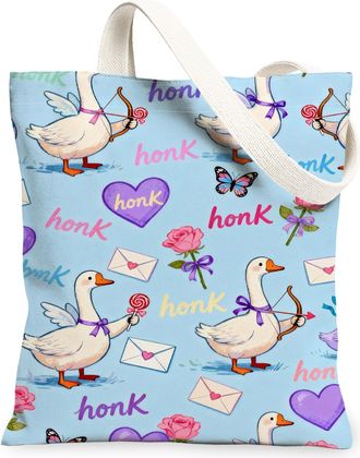Generic Fun Duck Canvas Tote Bags, Cute Animal Print Reusable Shopping Bags, Spring Floral Lightweight Washable Shoulder Strap Canv, Blue, 13x15 Inch