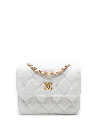 Chanel 2021 Mini CC gewatteerde lamsleren Pearl Crush Pouch crossbodytas met ketting - Wit