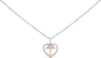 House of Brilliance 14K Rose Gold Plated Sterling Silver 1/5 Cttw Diamond Heart Cross Pendant Necklace in White Gold Over Silver at Nordstrom