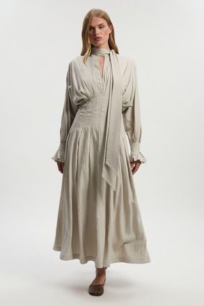 Karen Millen Pleated Neck Tie Detail Woven Maxi Dress in Stone at Nordstrom, Size 6