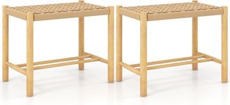 Costway Costway Juego De 2 Taburete De Bar, Estructura De Madera De Goma Y Asiento De Papel Tejido, Taburete Sin Respaldo R&uacute;stico Para Comedor, Cocina, 56 X 3