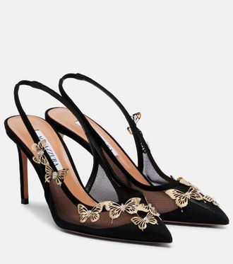 Aquazzura Papillon embellished mesh slingback pumps