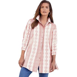 Roaman's Kate Long-Sleeve Crisp Cotton-Blend Button-Front Tunic in Blue Rose Floral at Nordstrom, Size 38