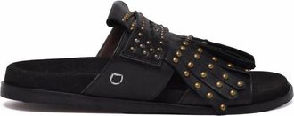 Collection Priv&eacute;e Black Fringed Minimalist Leather Slide Sandals