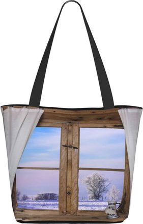 AOOEDM Vintage Wooden Windows And Snow Scene Ladies Shopping Bag 13x11x7in.The Perfect ValentineS Day Gift.It Is The Best ValentineS Day Gift For Mom, Daught