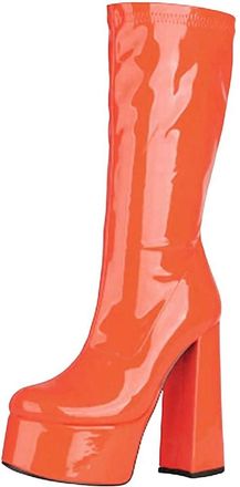 Generic Womens Patent Leather Mid Calf Boots Chunky Heel Platform Style Elastic Long Booties For Winter