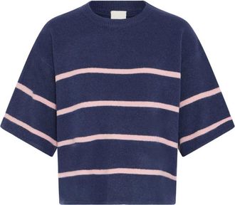 Ichi Blauwe Gebreide Trui met Zephyr - Dames - Ronde hals truien - Blauw - M - Wol - Truien & Vesten