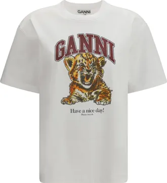 Ganni Womens T-Shirt Beaded Tiger Bright White Cotton T-Shirts & Jerseys
