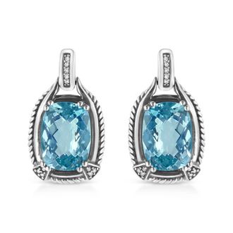 House of Brilliance 925 Sterling Silver 14x10MM Cushion Cut Blue Topaz Gemstone and Diamond Accent Dangle Earring