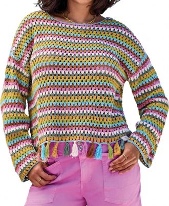 Tribal Bell Sleeve Sweater With Tassel Trim In Aqua Sky