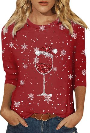 Generic Christmas Shirts for Women UK Ladies Fashion 3/4 Sleeve Tops Crew Neck Tunic Tops Funny Xmas Tree Red Wine Glass Cow Print Blouse Womens Fashion Comfy