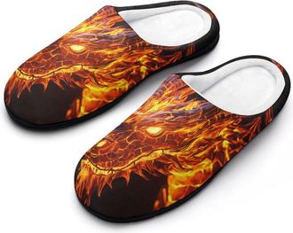 Generic Fiery Dragon Flame Mens Soft Cotton Slippers with Memory Foam Anti-skid House Shoes for Travel Indoor Outdoor