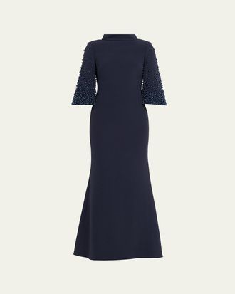 Badgley Mischka Beaded Funnel-Neck Crepe Trumpet Gown