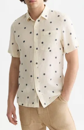 Scotch & Soda Regular Fit Short Sleeve Linen Button-Up Shirt in Tiles Stars Eggnog at Nordstrom, Size Xx-Large