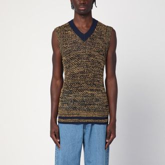 Wales Bonner Navy blue/yellow textured vest in a cotton blend