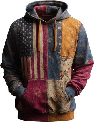 Generic Mens Hoodies USA Flag Patriotic Vintage Graphic, Patchwork Kangaroo Pocket Athletic Drawstrings Sweatshirts Outdoor Workout Casual Pullover Long Sleev