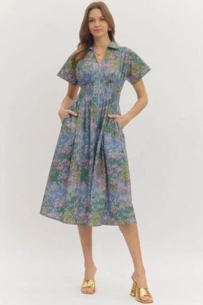 Entro Spring Floral Zip Midi Dress In Blue Multi