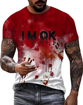 Generic Im Fine Bloody Blood Splatter Shirt 2025 Round Neck Tshirts Short Sleeve Oversized Crimson Blood Immersion Graphic Tee Horror Halloween Costume(M)
