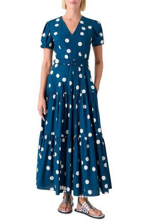 Akris Polka Dot Tiered Cotton Poplin Dress in Dark Blue-Cream at Nordstrom, Size 14