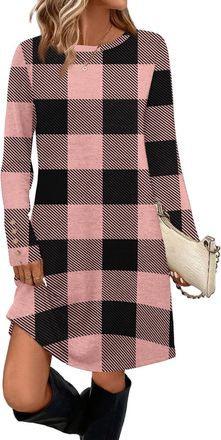 Generic Womens Long Sleeve Plaid Tunic Dress Button Cuff Loose Fit Swing Skater Checkered Pattern Soft Knit Printed Tartan Check Flared Round Neck Plus Size A