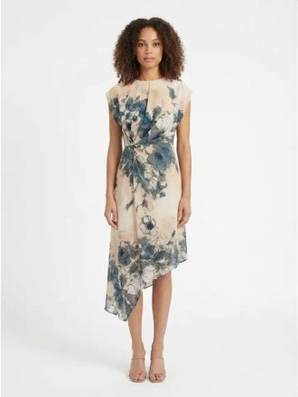 Donna Morgan Asymmetrical Cap Sleeve Floral Dress In Ivory / Blue