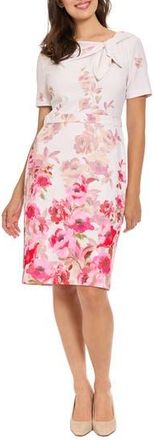 London Times Floral Tie Neck Short Sleeve Sheath Dress in Ivory/Pink at Nordstrom Rack, Size 14P