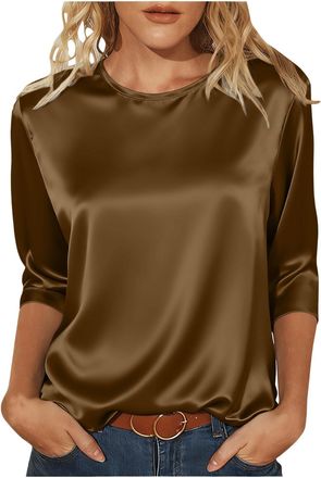 Generic Satin Tops for Women Elegant Going Out Tops Crew Neck 3/4 Sleeve Silk Blouse Ladies Tshirts Shiny Baggy Fashion Tunic Top Casaul Loose Party Business 