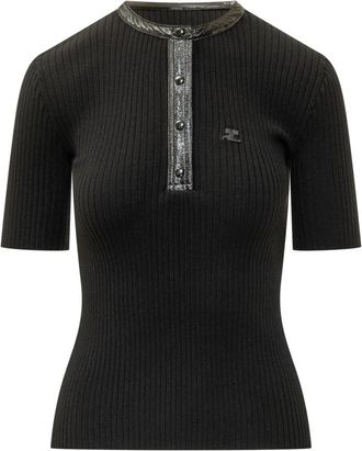 Courr&egrave;ges Vinyl En Gebreide Polo - Dames - T-shirts - Zwart - XS - Polyester - Tops