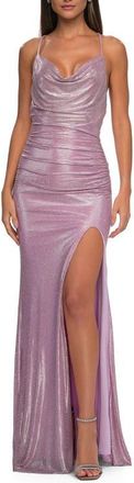 La Femme Metallic Rhinestone Jersey Dress with Ruching and Low Back in Light Pink at Nordstrom, Size 00