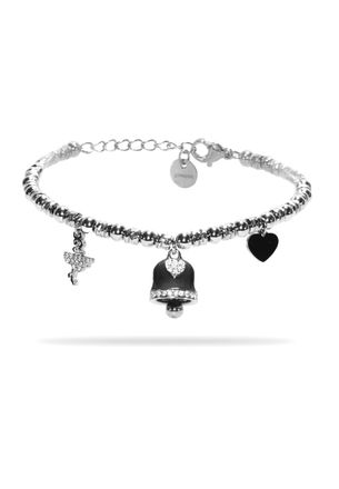 Freddy Bracciale in acciaio silver a sfere con charms nero e strass