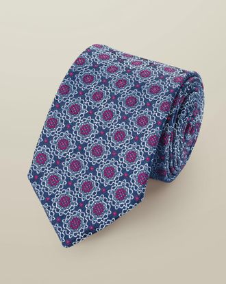 CHARLES TYRWHITT Silk Geo Print Tie - Navy & Dark Pink Size OSFA by Charles Tyrwhitt