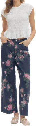 Entro Margaux Floral Print Denim Pants In Dark Indigo