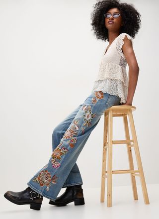 Twik Womens Floral embroidery straight-leg jean