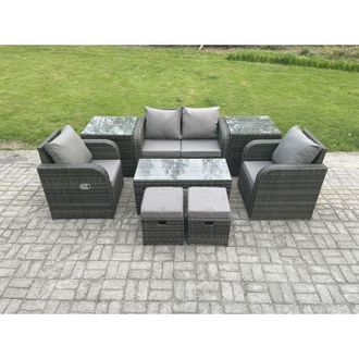 Fimous Outdoor Lounge Sofa Set Wicker pe Rattan Garden Furniture Set with Reclining Chair Coffee Table 2 Side Tables 2 Small Footstools Dark Grey Mixed