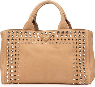 Prada Pre-owned Womens Studded Canvas Tote Bag - Tan Textile - One Size