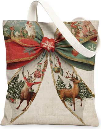 Generic Christmas Rustic Canvas Tote Bags, Festive Animal Print Reusable Shopping Bags, Vintage Linen Lightweight Washable Shoulder, Red, 13x15 Inch
