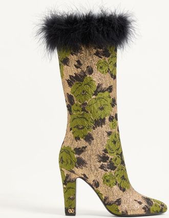 Valentino Garavani Hotty Boot In Lurex Jacquard Fabric And Feathers 100MM Wo