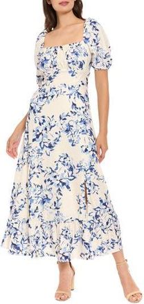 London Times Floral Puff Sleeve Empire Waist Midi Dress in Ivory /Deep Blue at Nordstrom Rack, Size 10P